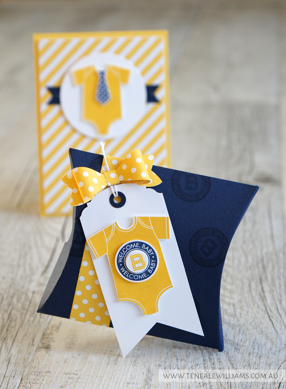 By Teneale Williams | Baby Boy welcome card with gift card pocket in Night Of Navy and Daffodil Delight | All materials from Stampin' Up! Something for Baby and Tag Talk Stamp Sets with Square Pillow Box Thinlits Dies