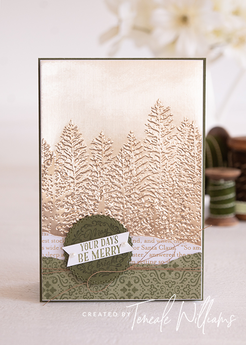 By Teneale Williams Christmas card using evergreen forest 3d embossing folder from Stampin' Up!