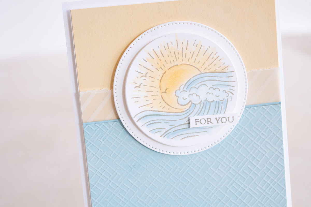 Wave card by Teneale Williams using Stampin up products Circle Sayings and Layering Leaves Stamp Set with crosshatch Basics embossing folder